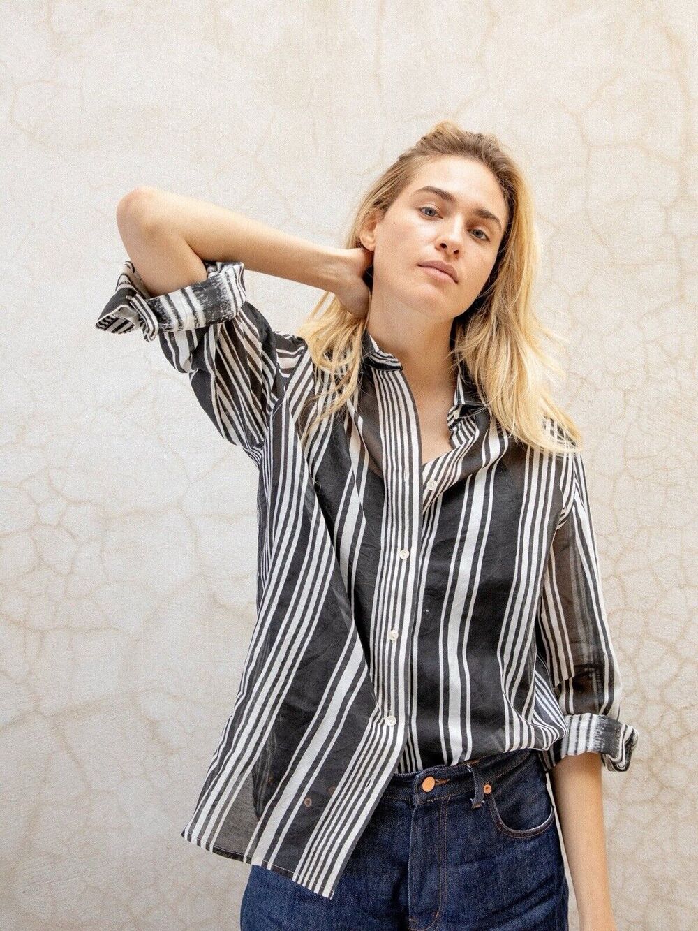 NYMaNE Ethnically Made Cotton Silk Striped Shirt Button Down XS